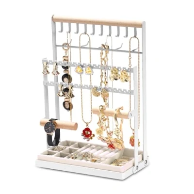Afbeelding van sieradenstandaard, sieradenboom, met opbergbasis, kettingorganizer 15 haken, voor halskettingen, armbanden, oorbellen, ringen, cadeau idee, wit