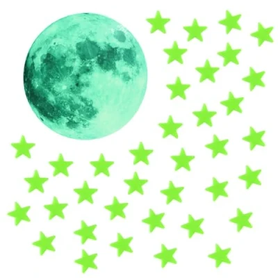 Afbeelding van 100 stuks fluorescerende sterren, 1 maan, lichtgevende stickers, sterren in het donker, reflecterende sterstickers