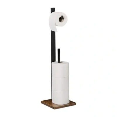 Afbeelding van Relaxdays toiletrolhouder met reserverolhouder zonder boren bamboe zwart bruin