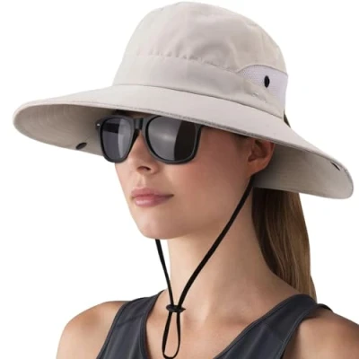 Afbeelding van DRESHOW Vrouw Zonnehoed Outdoor UV bescherming Hoed Opvouwbare Brede Rand Paardenvissen Staart UPF 50+, 1 set: beige + Eyebril Eyeglass Case