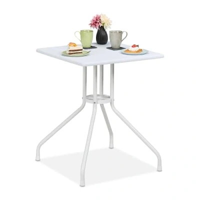 Afbeelding van Relaxdays tuintafel vierkant 73 x 62 cm balkon tafelblad met houtlook stalen onderstel wit