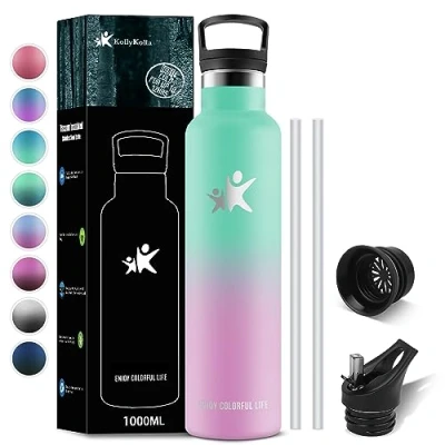 Afbeelding van KollyKolla thermosfles, 1 l, roestvrij staal, met rietje, BPA vrij, lekvrij, herbruikbaar, drinkfles voor kinderen, volwassenen, sport, fitnessstudio, reizen, school, fietsen, 2 doppen