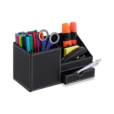 Afbeelding van Relaxdays pennenbak lade 3 vakken zwart bureau organizer pennenhouder kunstleer