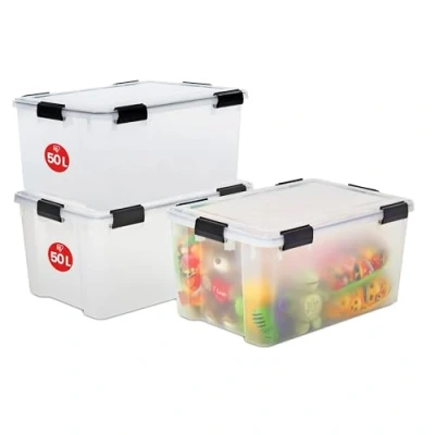 Afbeelding van Iris Ohyama, Luchtdichte opbergdoos, 50 l, 3 stuks, transparant, deksel met waterdichte afdichting, 6 sluitclips, stapelbaar, voor buiten, garage, kleding, stofdicht, BPA vrij, AT L