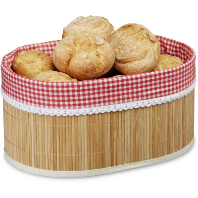 Afbeelding van Relaxdays 4x broodmandje bamboe ovaal ontbijtmandje stof brooddoos 33 cm broodmand