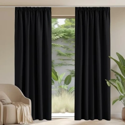 Afbeelding van PONY DANCE Verduisteringsgordijn: gordijn voor woonkamer, warmte isolerend, tegen kou, met plooiband, extra breed, verduisterende stof, 228 x cm (b h), zwart, 2 stuks