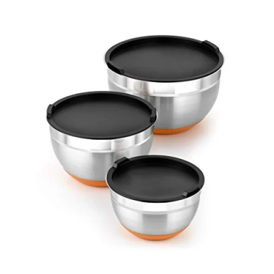 Afbeelding van BRA Efficient Set van 3 roestvrijstalen kommen 12 16 20 cm 0,4 l 18/10, siliconen basis, inclusief deksel