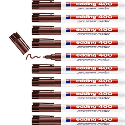 Afbeelding van edding 400 permanente marker, bruin, 10 stiften, 1 mm ronde punt, mm, sneldrogend, water en slijtvast, voor karton, kunststof, hout, metaal glas