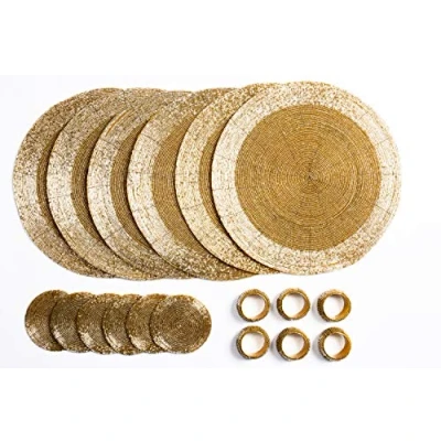 Afbeelding van Penguin Home® 6 placemats (32 cm), onderzetters (10 cm) en servetringen (5 18 stuks gouden ronde kleur handgemaakt door ervaren Indiase ambachtslieden
