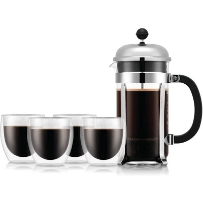 Afbeelding van French press koffiezetapparaat BODUM CHAMBORD SET 8 kopjes 1,0 l + 4 dubbelwandige PAVINA glazen 25 cl