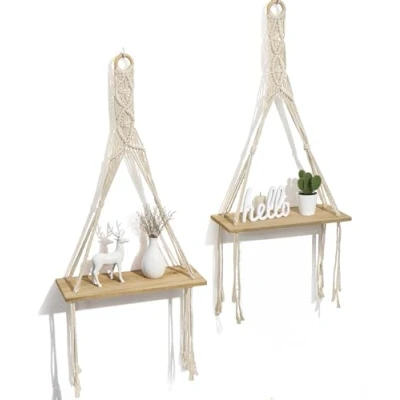 Afbeelding van wandplank houten macrame hangplank boho schommel plantenstandaard woonkamer slaapkamer, set van 2