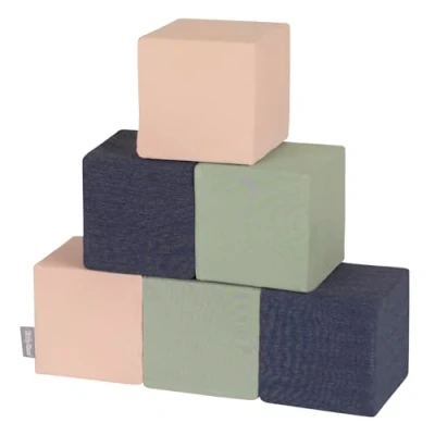 Afbeelding van KiddyMoon Lot de 6 cubes en mousse pour bébé Jouets Montessori avec et beaucoup plaisir les enfants, fabriqué dans l&#039;UE, blocs : bleu foncé/beige/sauge