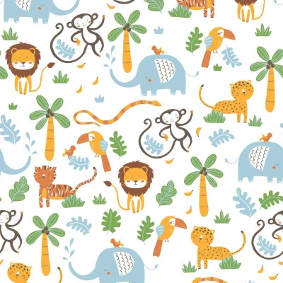 Afbeelding van JUNGLE DIEREN BEHANG Kinderkamer bont geel groen blauw wit A.S. Création Little Love