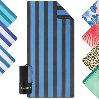 Afbeelding van Zenacross Strandhanddoek microvezel sneldrogend en zandbestendig strandlaken XXL 90 x 180 cm compact licht zwembadhanddoek zwart &amp; blauw