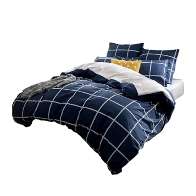 Afbeelding van Sonive Underzy Microvezel beddengoedset, 140 x 200 cm, 65 cm 1, enkel marineblauw geruit