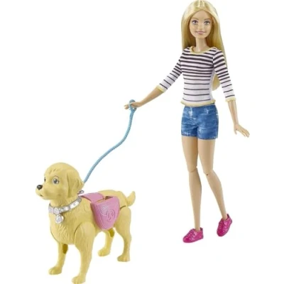 Afbeelding van Barbie DWJ68 hondenwandeling poppen speelset, met pop en zuiver hond, meisjes speelgoed vanaf 3 jaar