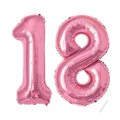 Afbeelding van ballonnen verjaardag 18 roze 100 cm ballon cijfer 18, nummer Happy Birthday decoratie, ballonnen, verjaardagsfeest, jaren vliegen dankzij helium