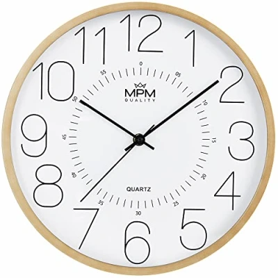 Afbeelding van MPM Quality Wandklok zonder tikkende geluiden, kunststof frame in houtlook, licht hout, kwartsuurwerk, soepele werking
