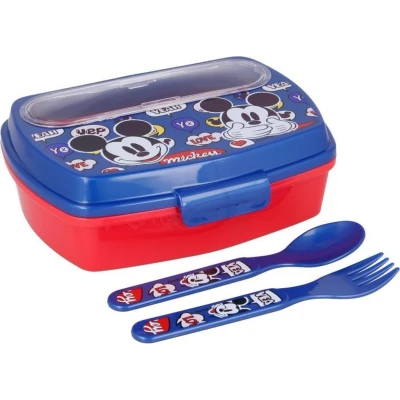 Afbeelding van Mickey Mouse broodtrommel blauw lunchbox met lepel en vork