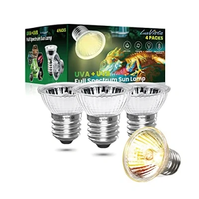 Afbeelding van Luxvista E27 50 W dimbare reptielamp, schildpadlamp, UVA, UVB, zonnelamp met volledig spectrum, voor reptielen en amfibieën, slang, 4 stuks