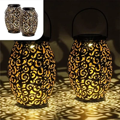 Afbeelding van Gadgy Solar Oosterse Lantaarn Tafellamp set van 2 Tuinverlichting op Zonneenergie Led Buitenverlichting met Dag/Nacht Sensor Hanglamp Tuinlantaarn 21.5 x Ø15CM Brons Metaal