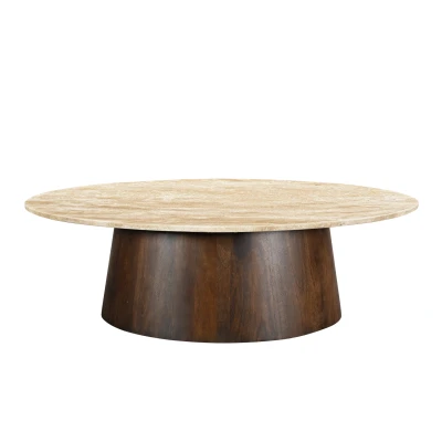 Afbeelding van Livingfurn Salontafel Valentino Oval 120cm Mangohout / Travertin