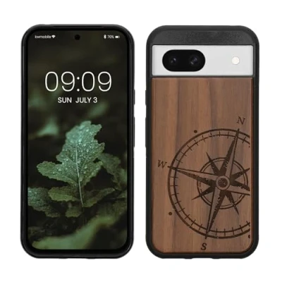 Afbeelding van kwmobile telefoonhoesje geschikt voorGoogle Pixel 8a Hoesje met bumper walnoothout In donkerbruin Vintage Kompas design