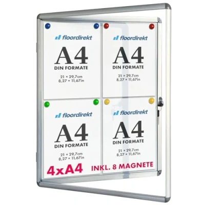 Afbeelding van Floordirekt Vitrinekast 4 x A4 met 8 magneten, magnetisch en beschrijfbaar achterpaneel, aluminium frame acrylglas