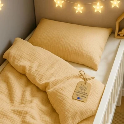 Afbeelding van Kinderdekbedovertrek van chiffon, 100 x 135 cm, beddengoedset voor kinderen kussensloop 60 40 beige
