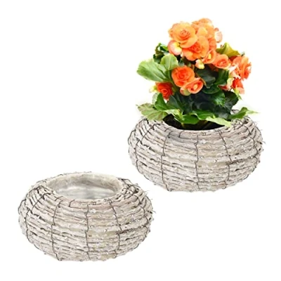 Afbeelding van Relaxdays bloempot set van 2 rotan plantenpot laag met folie rond wit