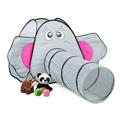 Afbeelding van Relaxdays pop up speeltent olifant kindertent met kruiptunnel kinderspeeltent binnen
