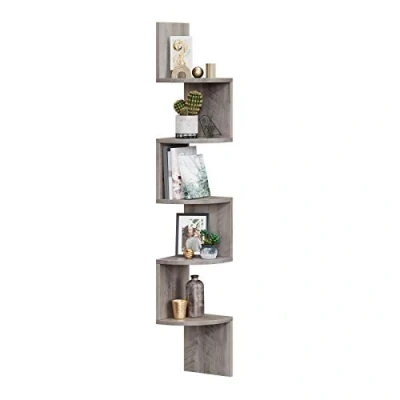 Afbeelding van Vasagle Hoekplank, wandrek, 5 niveaus, zwevende plank, zigzag, boekenrek, voor keuken, slaapkamer, woonkamer, kantoor, grijsachtig beige LBC020M01