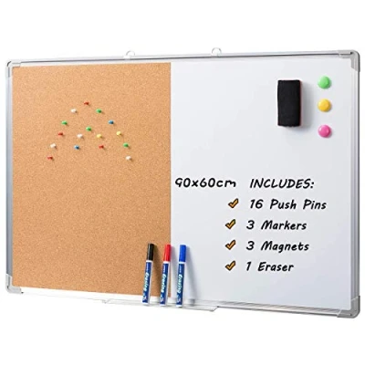Afbeelding van DOEWORKS Magnetisch whiteboard en kurkbord, 91,4 x 61 cm, droog uitwisbaar prikbord, kurkbord met aluminium frame