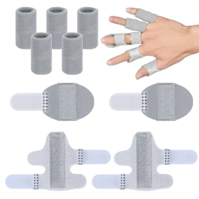 Afbeelding van Lollanda 2 stuks vingerspalken, korte plaatjes, 5 verstelbare elastische vingerbeschermers, voor breuken, verstuikingen, artritis, gezwollen vingers (grijs)