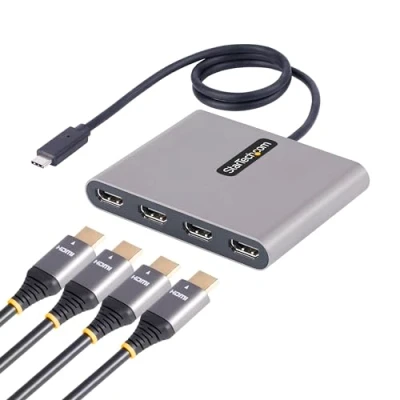 Image de StarTech.com adaptateur USB C vers 4 HDMI Carte Vidéo/Graphique Externe Convertisseur Type Quadruple Écran 1080p 60Hz Dongle Multi Windows Uniquement (USBC2HD4) Câble 24 pin mâle pour femelle