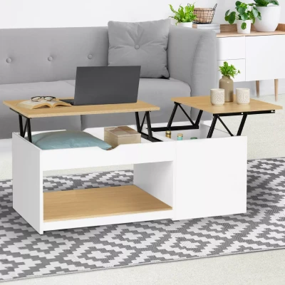 Afbeelding van Table basse 2 plateaux relevables EYLA avec coffre bois blanc et façon hêtre