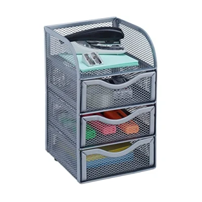 Afbeelding van Relaxdays bureau organizer metaal 3 lades opslagsysteem voor kantoorartikelen gaas zilver