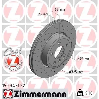 Afbeelding van ZIMMERMANN SPORT COAT Z 150.3431.52 Remschijf 325 25 6/5 5 120 interne ventilatie, Geperforeerd Gecoat High carbon BMW: X3