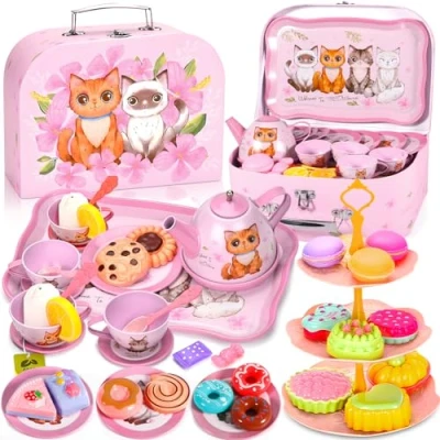 Afbeelding van ZLPBAO Theeservies voor kinderen, theeservies, speelgoed, transportkoffer, eenhoorn, kinderdiner, accessoires, keukenspelletjes, 48 stuks