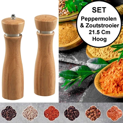 Afbeelding van 2 Delige SET Pepermolen &amp; Zoutstrooier FSC® Bamboe hout Ø6 Hoogte 21.5 Cm Zout strooier en peper molen Keramisch maalwerk