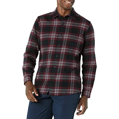 Image de Amazon Essentials Chemise En Flanelle À Carreaux Manches Longues Et Coupe Ajustée (Couleurs Édition Limitée) Men&#039;s, Noir Bordeaux Écossais, XL