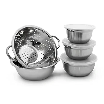 Afbeelding van Relaxdays schalenset roestvrij staal kommen set deksel vergiet slakom stapelbaar