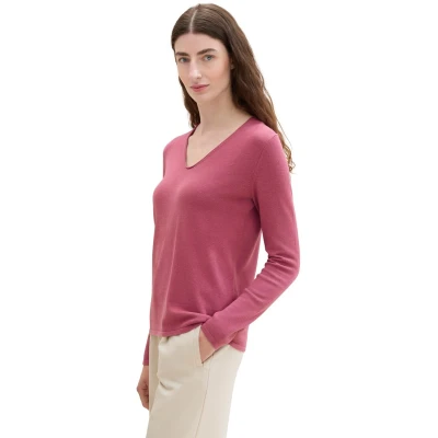 Afbeelding van TOM Tailor Basic Vneck Trui, Dames, Maat: Medium, Pink velvet