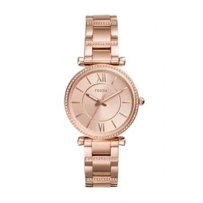 Afbeelding van Fossil Carlie Dameshorloge, quartz uurwerk, roestvrij stalen armband of lederen band, Roségoud met glitter,