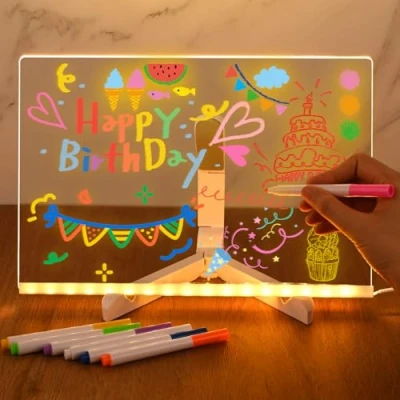 Afbeelding van Gaethra Tableau mémo LED Avec couleurs lumières En acrylique transparent 20 x 30 cm Effaçable 7 stylos néons Cadeau créatif pour enfants, petites amies