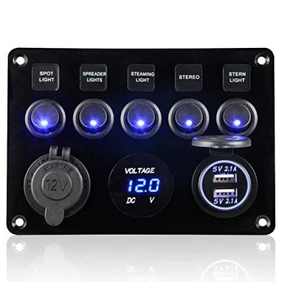 Afbeelding van CT CARID Tuimelschakelaar 5 Gang Schakelpaneel LED ON OFF Marine Waterdicht Ontstekingspaneel IP65 Dual USB 12V/24V Vrachtwagen Aanhangwagen Voertuigen SUV&#039;s Camper