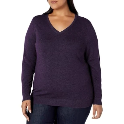 Image de Amazon Essentials Chandail léger à manches longues et col en V pour femme (disponible grande taille), violet foncé, taille 3X