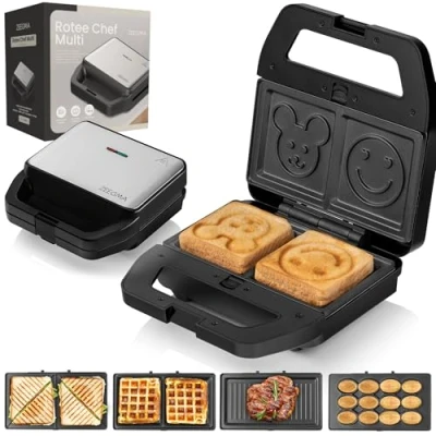 Afbeelding van Zeegma Rotee Chef Multi 5 in 1 Tosti apparaat Verwisselbare Platen 800W Antiaanbaklaag Gezond Koken Veilig en Intuïtief 1: Smiley Toasts, Wafels, Gegrilde Gerechten, Koekjes Notensnacks
