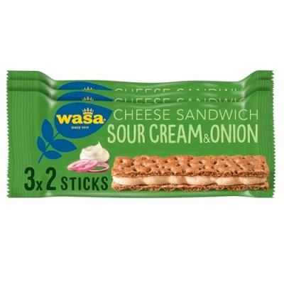 Image de Wasa Sandwich Sour Cream &amp; Onion Mulitpack (8 x 99 g chacun 3 33 g) au pain croustillant avec remplissage végétalien à la crème sure et l&#039;oignon, parfait pour les déplacements