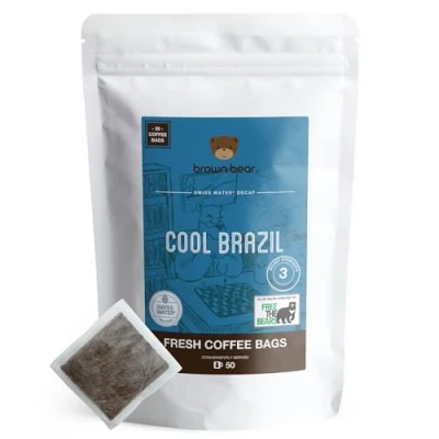 Afbeelding van Swiss Water 50 zakjes gemalen koffie cafeïnevrij Zwitsers watervrij proces Brown Bear Cool Brazil sterkte 3 medium roostering individuele Arabica koffiezakken zoals